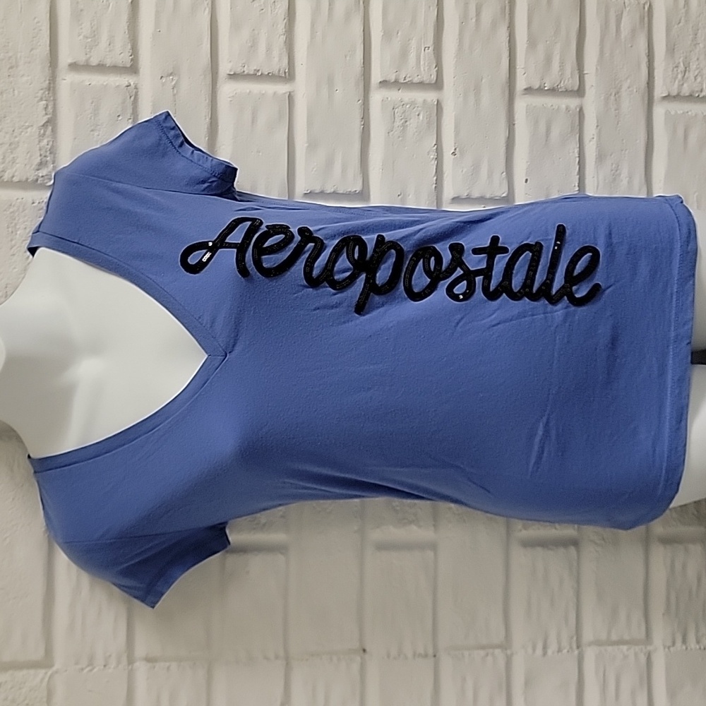 Aeropostale Purple V-Neck Sequin Logo Graphic Tee Shirt Y2K